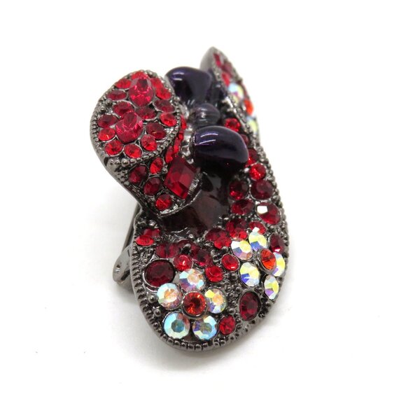 Red Rhinestone Hat Brooch Purple Enamel Bow Clear Flowers 2" Pin Gunmetal Gray - Picture 4 of 7